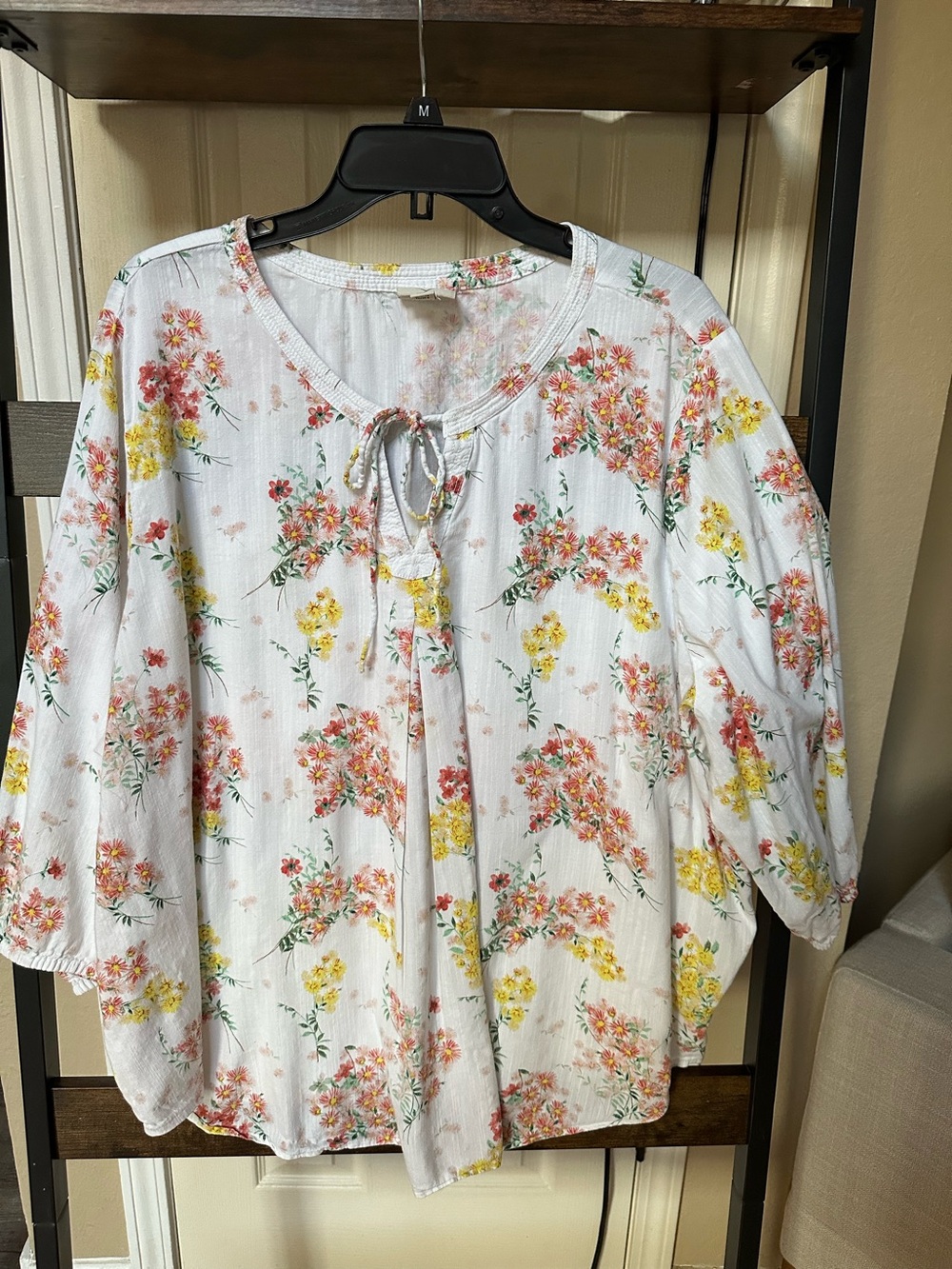 St. John's Bay White Floral Tie-Neck Tunic with Pink & Yellow Blooms